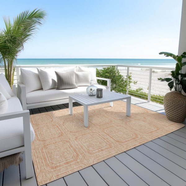 HomeRoots 5' Peach and Beige Geometric Area Rug - Durable, Washable Indoor/Outdoor Design for Modern Spaces 9' X 12' 610845