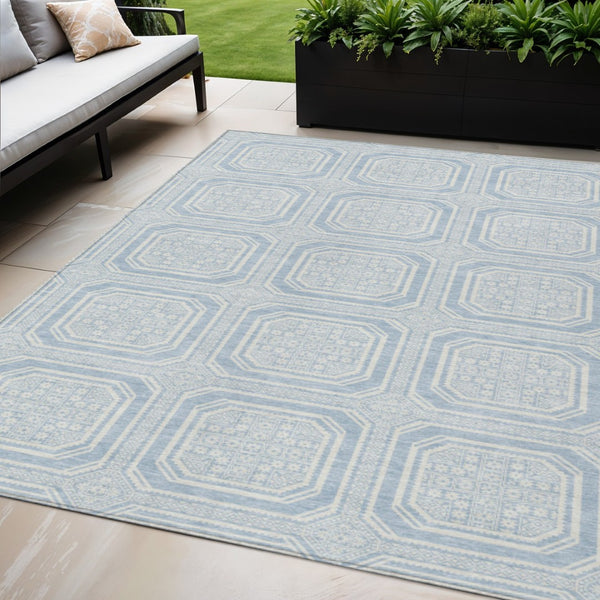 HomeRoots 5' Sky Blue and Ivory Geometric Area Rug - Stylish, Washable Design for Indoor and Outdoor Use 5' X 8' 610854