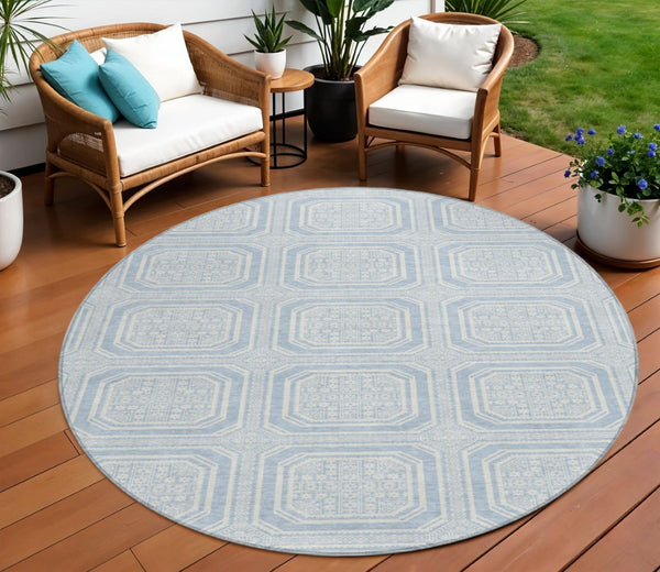 HomeRoots 5' Sky Blue and Ivory Geometric Area Rug - Stylish, Washable Design for Indoor and Outdoor Use 8' Round 610855