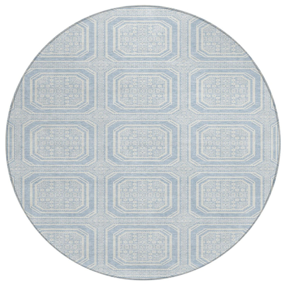 HomeRoots 5' Sky Blue and Ivory Geometric Area Rug - Stylish, Washable Design for Indoor and Outdoor Use 8' Round 610855