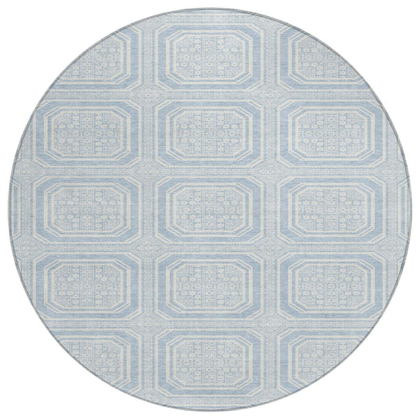HomeRoots 5' Sky Blue and Ivory Geometric Area Rug - Stylish, Washable Design for Indoor and Outdoor Use 8' Round 610855