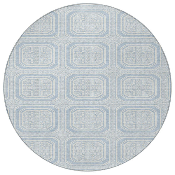 HomeRoots 5' Sky Blue and Ivory Geometric Area Rug - Stylish, Washable Design for Indoor and Outdoor Use 8' Round 610855
