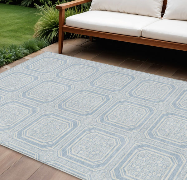 HomeRoots 5' Sky Blue and Ivory Geometric Area Rug - Stylish, Washable Design for Indoor and Outdoor Use 8' X 10' 610856