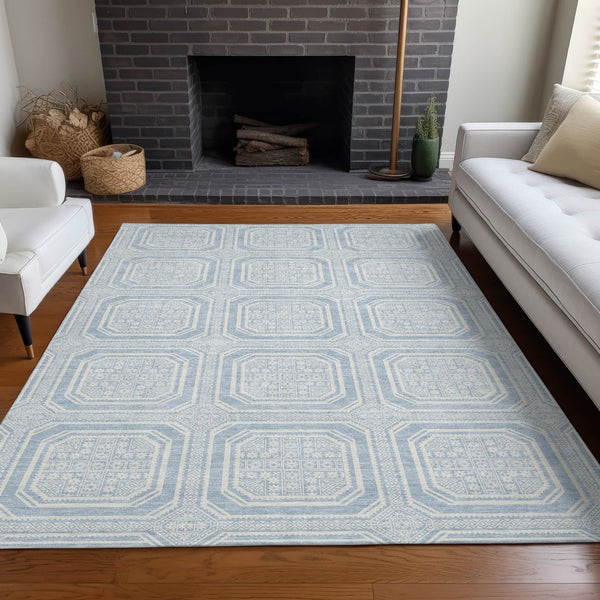 HomeRoots 5' Sky Blue and Ivory Geometric Area Rug - Stylish, Washable Design for Indoor and Outdoor Use 8' X 10' 610856