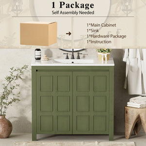 English Elm 36" Bathroom Vanity Organizer with Ceramic Sink, Solid Wood Distressed Finish, Hand-Painted Charm and Ample Storage Olive Green N729P255666F