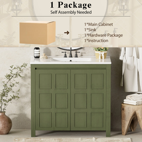 English Elm 36" Bathroom Vanity Organizer with Ceramic Sink, Solid Wood Distressed Finish, Hand-Painted Charm and Ample Storage Olive Green N729P255666F