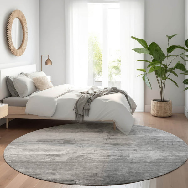 HomeRoots 5' Gray and Silver Striped Indoor Outdoor Area Rug - Stylish, Durable, Washable for High-Traffic Spaces 8' Round 610891