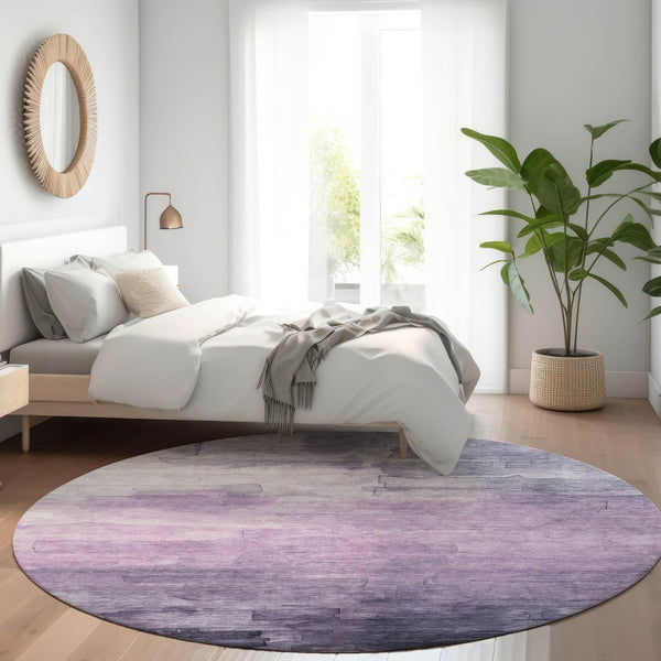 HomeRoots 5' Striped Indoor Outdoor Area Rug in Lavender and Lilac - Durable, Washable, Versatile Design 8' Round 610897