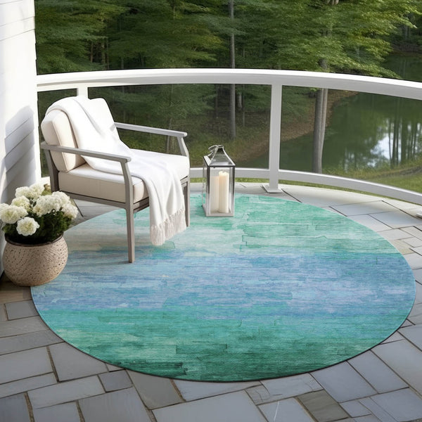 HomeRoots 5' Coastal-Inspired Teal Blue Aqua Striped Washable Area Rug for Indoor & Outdoor Spaces 8' Round 610909