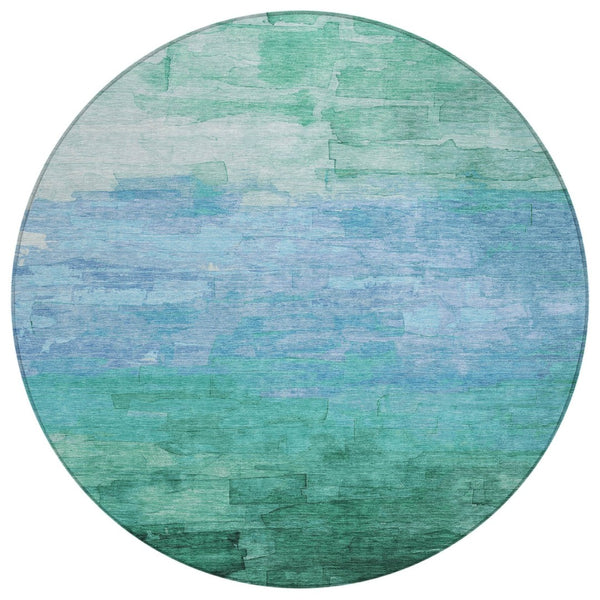 HomeRoots 5' Coastal-Inspired Teal Blue Aqua Striped Washable Area Rug for Indoor & Outdoor Spaces 8' Round 610909