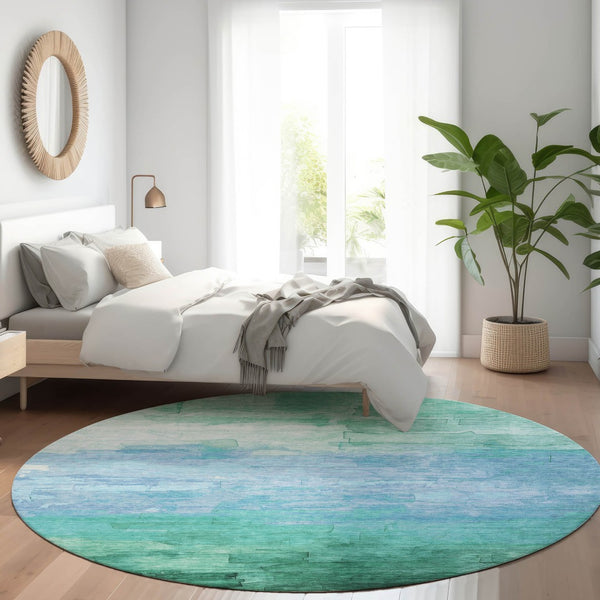 HomeRoots 5' Coastal-Inspired Teal Blue Aqua Striped Washable Area Rug for Indoor & Outdoor Spaces 8' Round 610909