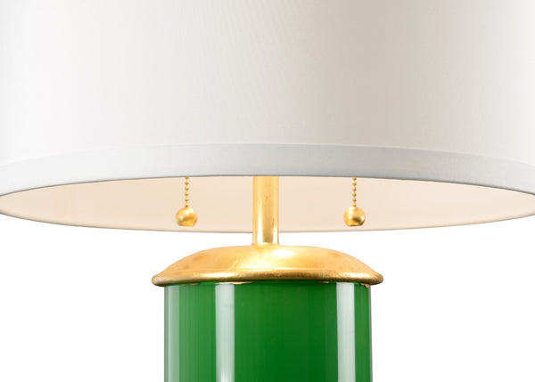 Wildwood Savannah Luxe Glass Table Lamp With High-Gloss Fuchsia Column, Gold Leaf Base And Classic Shade Green 61093