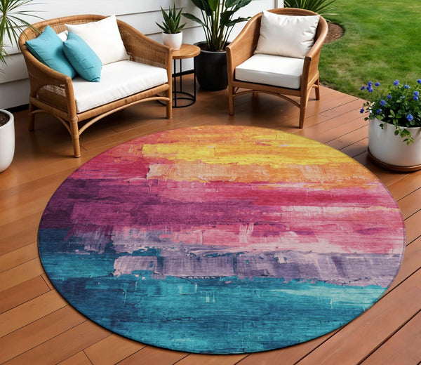 HomeRoots 5' Merlot and Blush Abstract Washable Area Rug – Modern, Durable, Stain-Resistant for Indoor & Outdoor Use 8' Round 610945