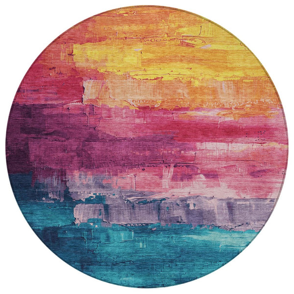 HomeRoots 5' Merlot and Blush Abstract Washable Area Rug – Modern, Durable, Stain-Resistant for Indoor & Outdoor Use 8' Round 610945