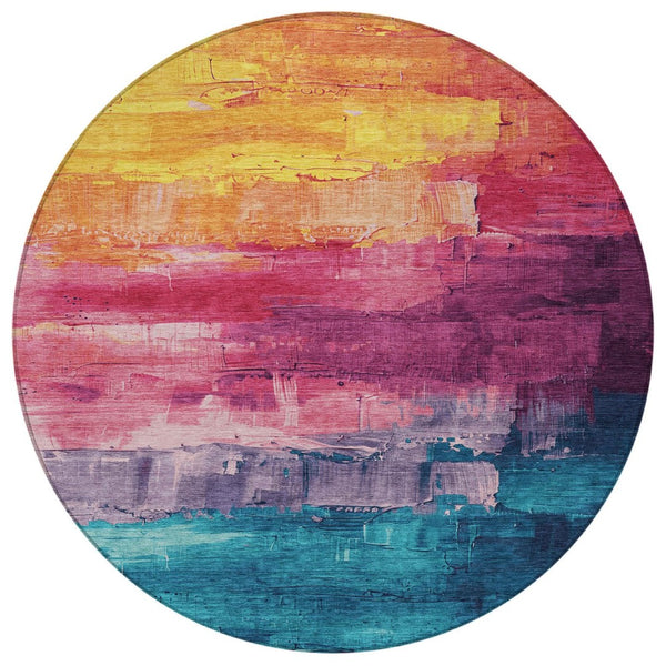 HomeRoots 5' Merlot and Blush Abstract Washable Area Rug – Modern, Durable, Stain-Resistant for Indoor & Outdoor Use 8' Round 610945