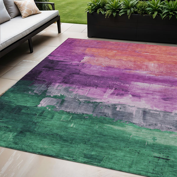 HomeRoots 5' Vibrant Abstract Washable Area Rug in Purple, Salmon, and Green for Indoor and Outdoor Spaces 5' X 8' 610956