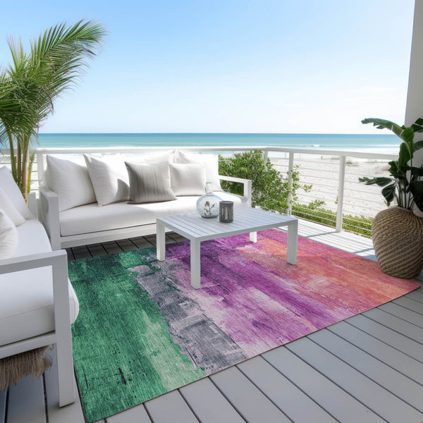 HomeRoots 5' Vibrant Abstract Washable Area Rug in Purple, Salmon, and Green for Indoor and Outdoor Spaces 5' X 8' 610956