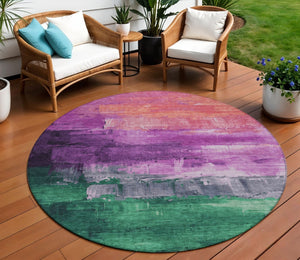 HomeRoots 5' Vibrant Abstract Washable Area Rug in Purple, Salmon, and Green for Indoor and Outdoor Spaces 8' Round 610957
