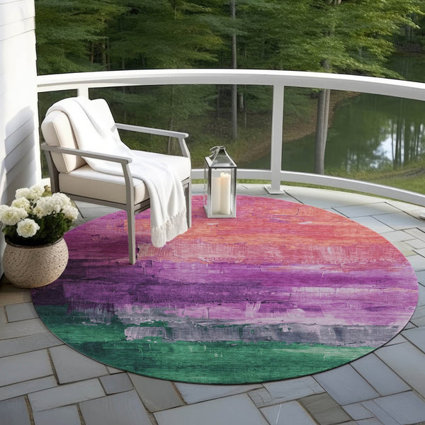 HomeRoots 5' Vibrant Abstract Washable Area Rug in Purple, Salmon, and Green for Indoor and Outdoor Spaces 8' Round 610957