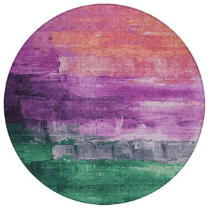 HomeRoots 5' Vibrant Abstract Washable Area Rug in Purple, Salmon, and Green for Indoor and Outdoor Spaces 8' Round 610957