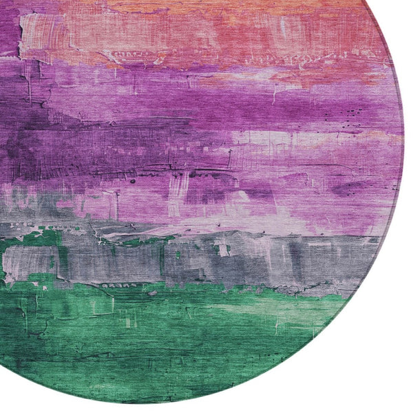 HomeRoots 5' Vibrant Abstract Washable Area Rug in Purple, Salmon, and Green for Indoor and Outdoor Spaces 8' Round 610957