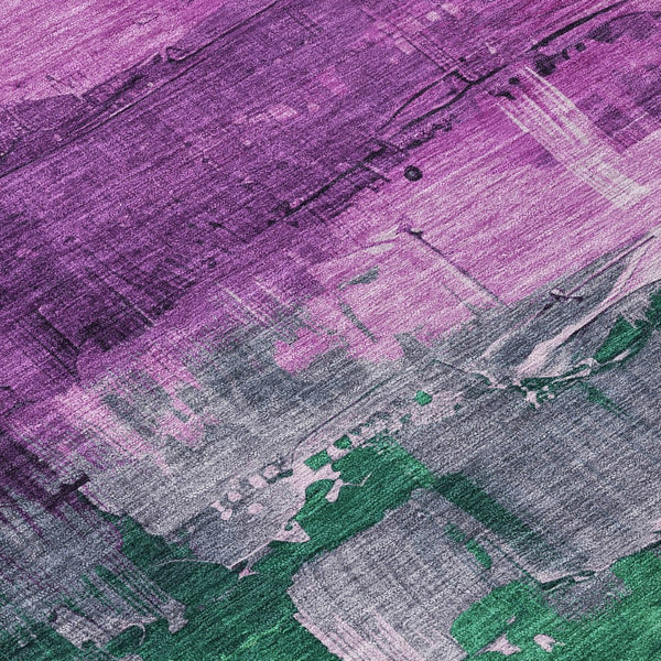 HomeRoots 5' Vibrant Abstract Washable Area Rug in Purple, Salmon, and Green for Indoor and Outdoor Spaces 8' Round 610957