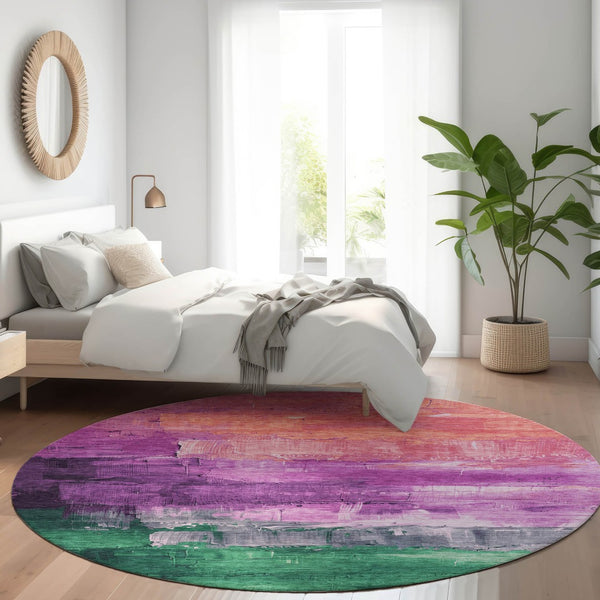 HomeRoots 5' Vibrant Abstract Washable Area Rug in Purple, Salmon, and Green for Indoor and Outdoor Spaces 8' Round 610957