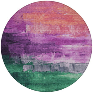 HomeRoots 5' Vibrant Abstract Washable Area Rug in Purple, Salmon, and Green for Indoor and Outdoor Spaces 8' Round 610957