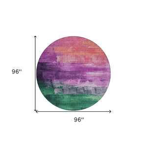 HomeRoots 5' Vibrant Abstract Washable Area Rug in Purple, Salmon, and Green for Indoor and Outdoor Spaces 8' Round 610957