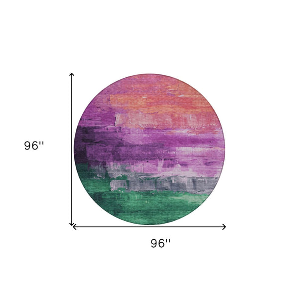 HomeRoots 5' Vibrant Abstract Washable Area Rug in Purple, Salmon, and Green for Indoor and Outdoor Spaces 8' Round 610957