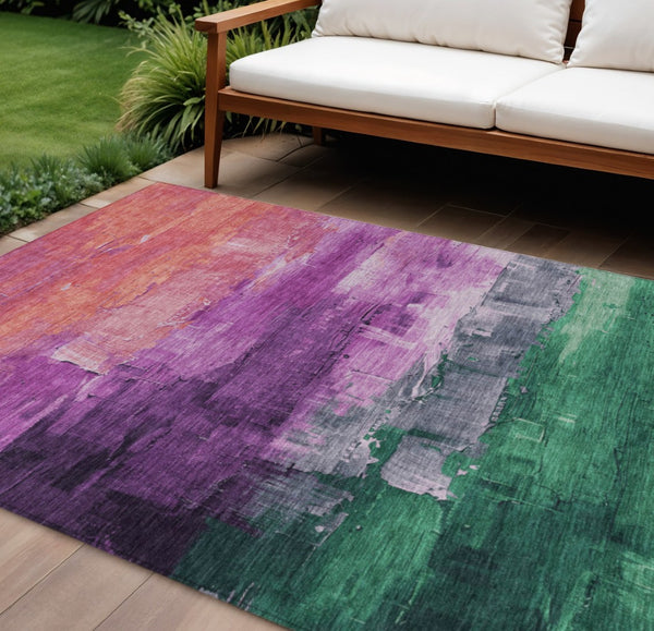 HomeRoots 5' Vibrant Abstract Washable Area Rug in Purple, Salmon, and Green for Indoor and Outdoor Spaces 8' X 10' 610958
