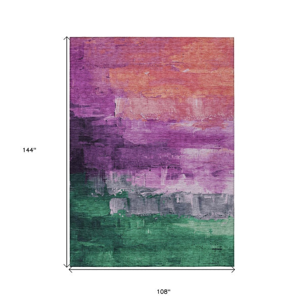 HomeRoots 5' Vibrant Abstract Washable Area Rug in Purple, Salmon, and Green for Indoor and Outdoor Spaces 9' X 12' 610959
