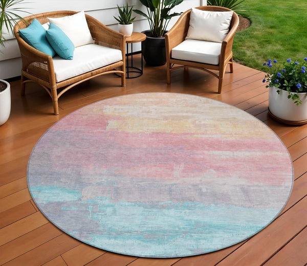HomeRoots 5' Salmon and Beige Abstract Indoor Outdoor Area Rug – Durable, Washable, and Stylish for Any Space 8' Round 610963