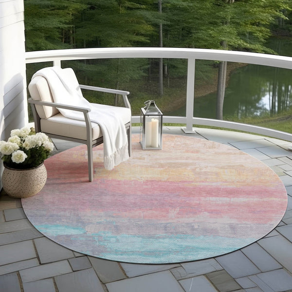 HomeRoots 5' Salmon and Beige Abstract Indoor Outdoor Area Rug – Durable, Washable, and Stylish for Any Space 8' Round 610963