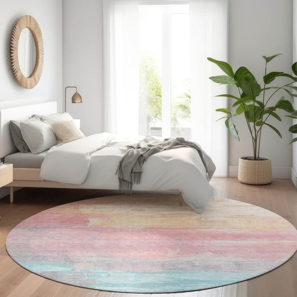 HomeRoots 5' Salmon and Beige Abstract Indoor Outdoor Area Rug – Durable, Washable, and Stylish for Any Space 8' Round 610963