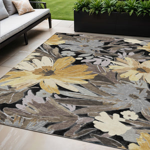 HomeRoots 5' Black and Gray Floral Washable Area Rug - Durable, Stylish Design for Indoor and Outdoor Spaces 5' X 8' 610968