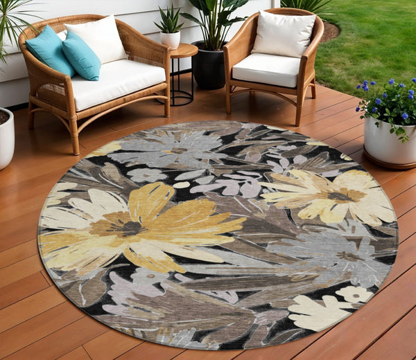 HomeRoots 5' Black and Gray Floral Washable Area Rug - Durable, Stylish Design for Indoor and Outdoor Spaces 8' Round 610969