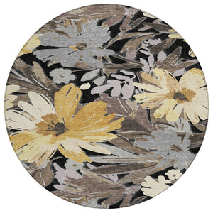 HomeRoots 5' Black and Gray Floral Washable Area Rug - Durable, Stylish Design for Indoor and Outdoor Spaces 8' Round 610969