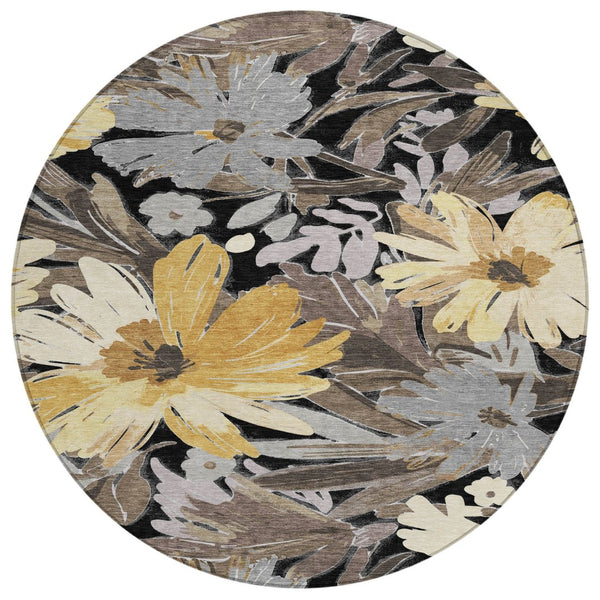 HomeRoots 5' Black and Gray Floral Washable Area Rug - Durable, Stylish Design for Indoor and Outdoor Spaces 8' Round 610969