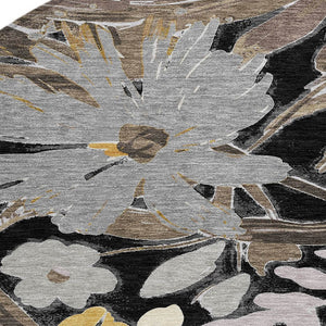 HomeRoots 5' Black and Gray Floral Washable Area Rug - Durable, Stylish Design for Indoor and Outdoor Spaces 8' Round 610969