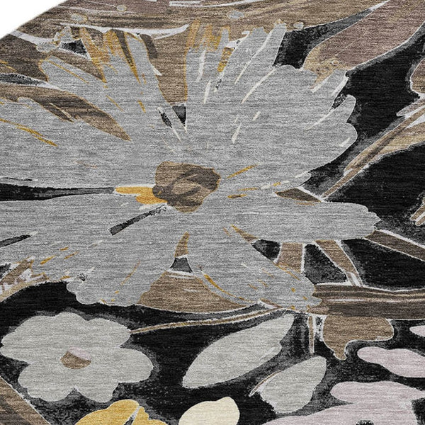 HomeRoots 5' Black and Gray Floral Washable Area Rug - Durable, Stylish Design for Indoor and Outdoor Spaces 8' Round 610969