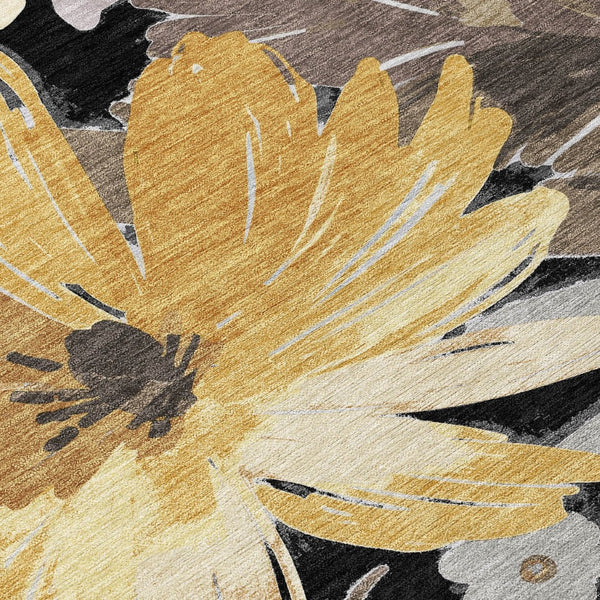 HomeRoots 5' Black and Gray Floral Washable Area Rug - Durable, Stylish Design for Indoor and Outdoor Spaces 8' Round 610969