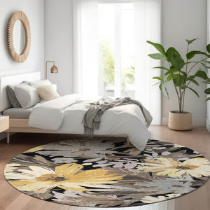 HomeRoots 5' Black and Gray Floral Washable Area Rug - Durable, Stylish Design for Indoor and Outdoor Spaces 8' Round 610969