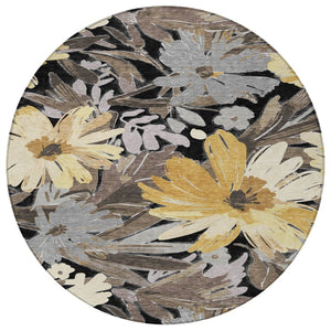 HomeRoots 5' Black and Gray Floral Washable Area Rug - Durable, Stylish Design for Indoor and Outdoor Spaces 8' Round 610969