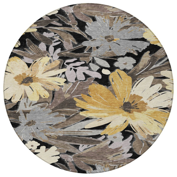 HomeRoots 5' Black and Gray Floral Washable Area Rug - Durable, Stylish Design for Indoor and Outdoor Spaces 8' Round 610969
