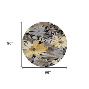 HomeRoots 5' Black and Gray Floral Washable Area Rug - Durable, Stylish Design for Indoor and Outdoor Spaces 8' Round 610969