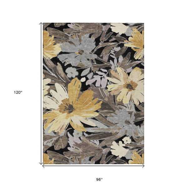 HomeRoots 5' Black and Gray Floral Washable Area Rug - Durable, Stylish Design for Indoor and Outdoor Spaces 8' X 10' 610970