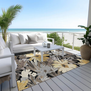 HomeRoots 5' Black and Gray Floral Washable Area Rug - Durable, Stylish Design for Indoor and Outdoor Spaces 8' X 10' 610970