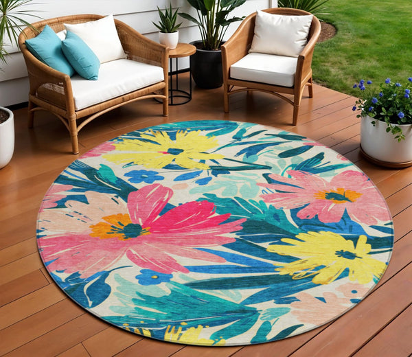 HomeRoots 5' Floral Blush and Pink Area Rug - Stylish, Washable Indoor/Outdoor Accent for All Spaces 8' Round 610975