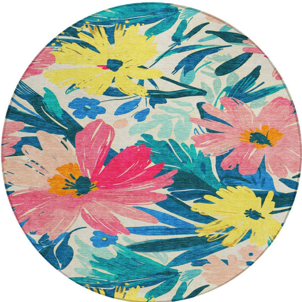 HomeRoots 5' Floral Blush and Pink Area Rug - Stylish, Washable Indoor/Outdoor Accent for All Spaces 8' Round 610975